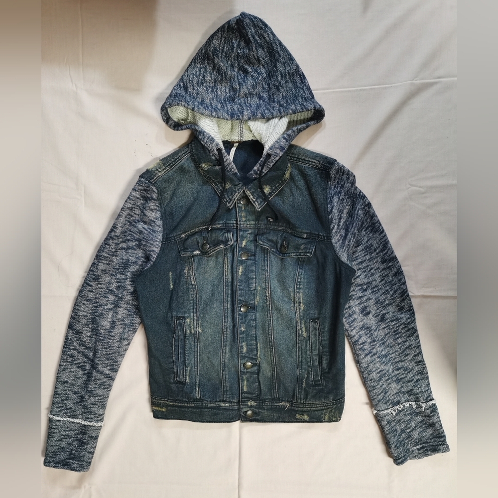 Free People Women's Removable Hood Distressed Denim Jacket L
